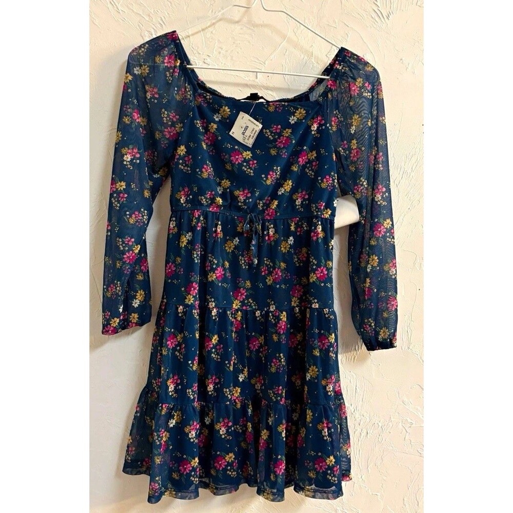 Trixxi Girl Girls Blue Pink Floral A-Line Short Dress Long Sleeve Scoop Sz L